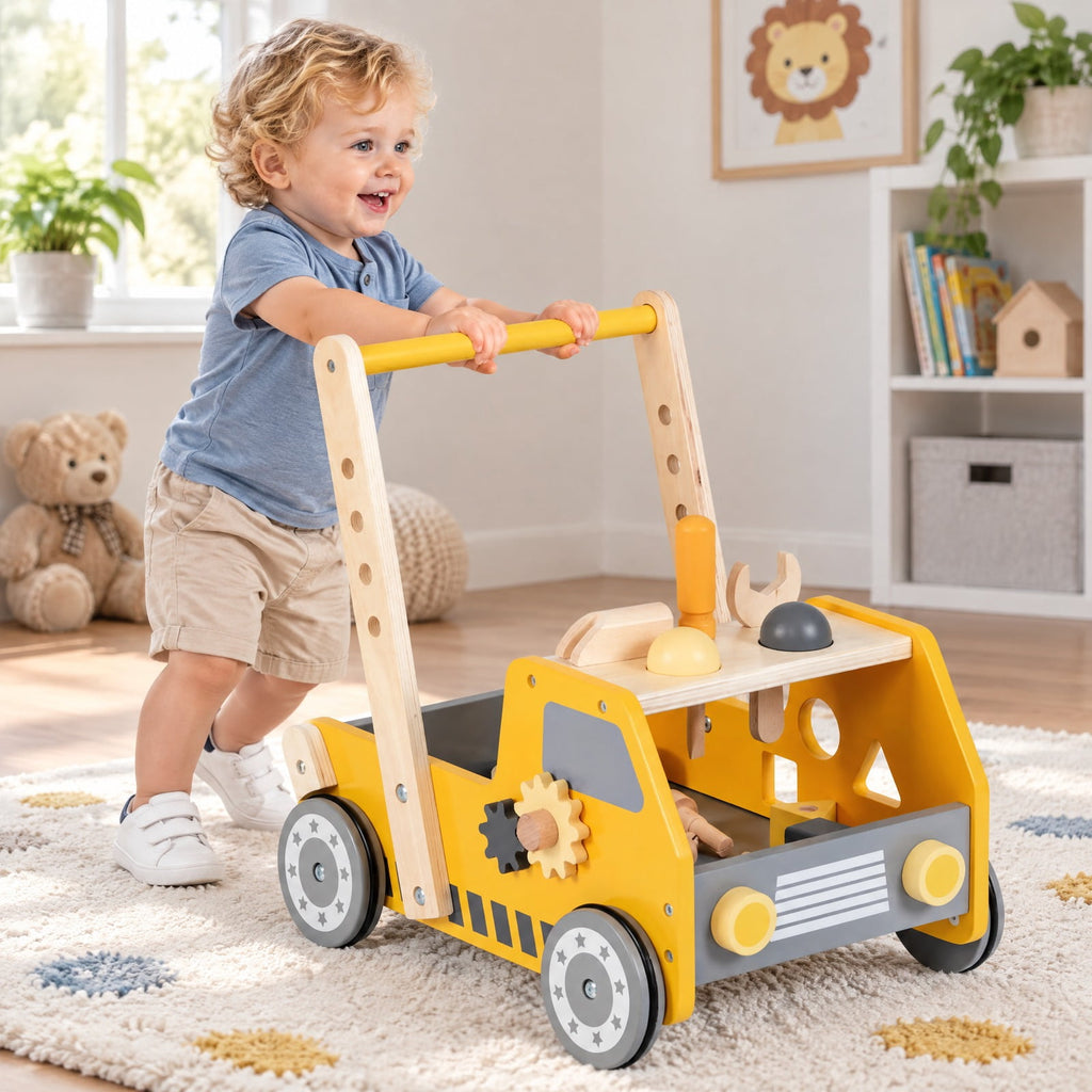 Airfind 2-in-1 Wooden Baby Walker with Adjustable Speed and Bottom Storage, MDF Frame, for 3+ Years Old, 16in x 12.5in x 16.5in Footprint, Yellow