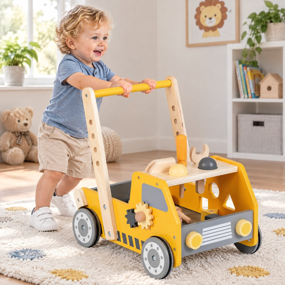 Airfind 2-in-1 Wooden Baby Walker with Adjustable Speed and Bottom Storage, MDF Frame, for 3+ Years Old, 16in x 12.5in x 16.5in Footprint, Yellow