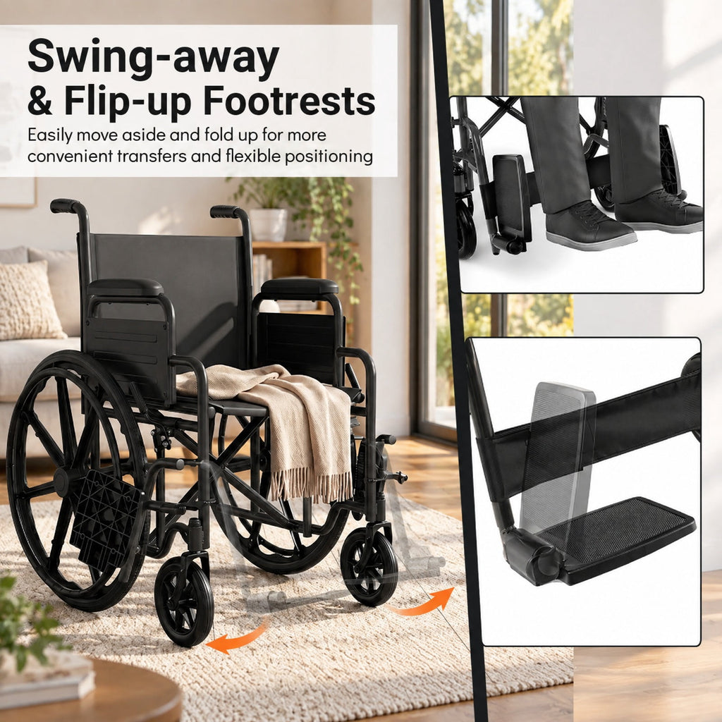 Airfind Lightweight Folding Wheelchair for Adults with Swing-Away Footrest and Desk Arm, 330 lbs Capacity, Metal Faux Leather Nylon Plastic Frame