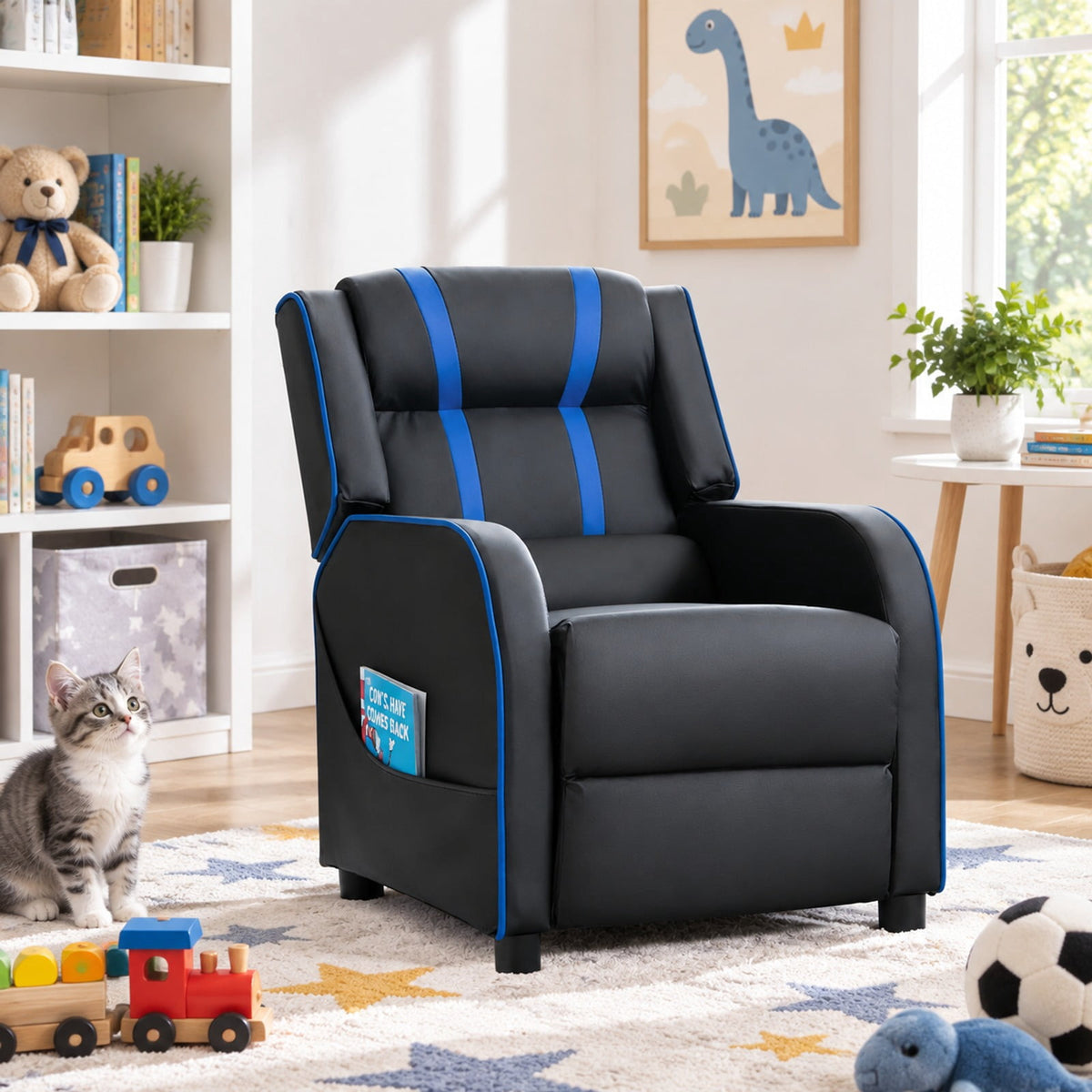 Airfind Kids Recliner Chair with Side Pockets and Footrest, 110 lbs Capacity, Sponge PU leather wood steel plastic Frame, Blue