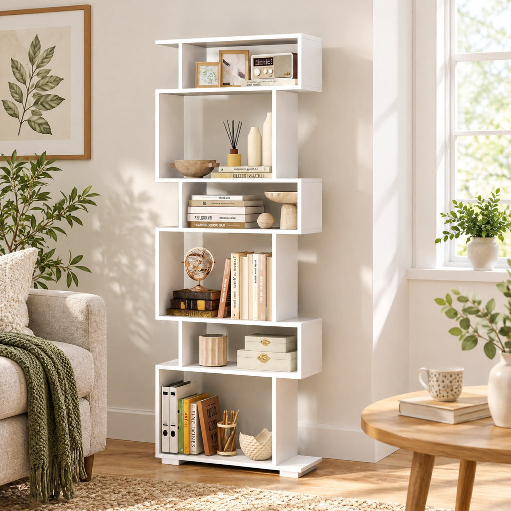 Airfind 6-Tier Geometric Bookshelf with 2 Anti-Tipping Kits for Home Office, 11 lbs Capacity, Engineered Wood Frame, 24 x 8 x 64 Footprint, White