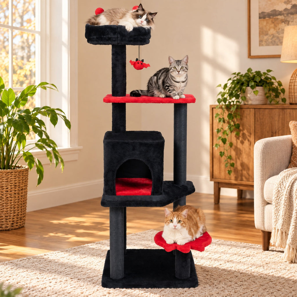 Airfind 57 Inch Spooky Cat Tower with Padded Perch and Spider-shaped Hanging Toy, 22 Lbs Capacity, Ghost-shaped Platform Adds a Playful Touch, Red