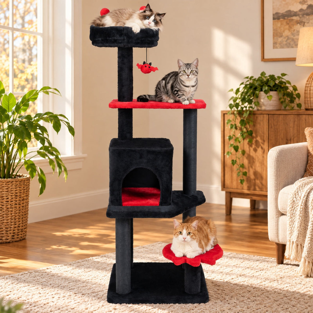 Airfind 57 Inch Spooky Cat Tower with Padded Perch and Spider-shaped Hanging Toy, 22 Lbs Capacity, Ghost-shaped Platform Adds a Playful Touch, Red