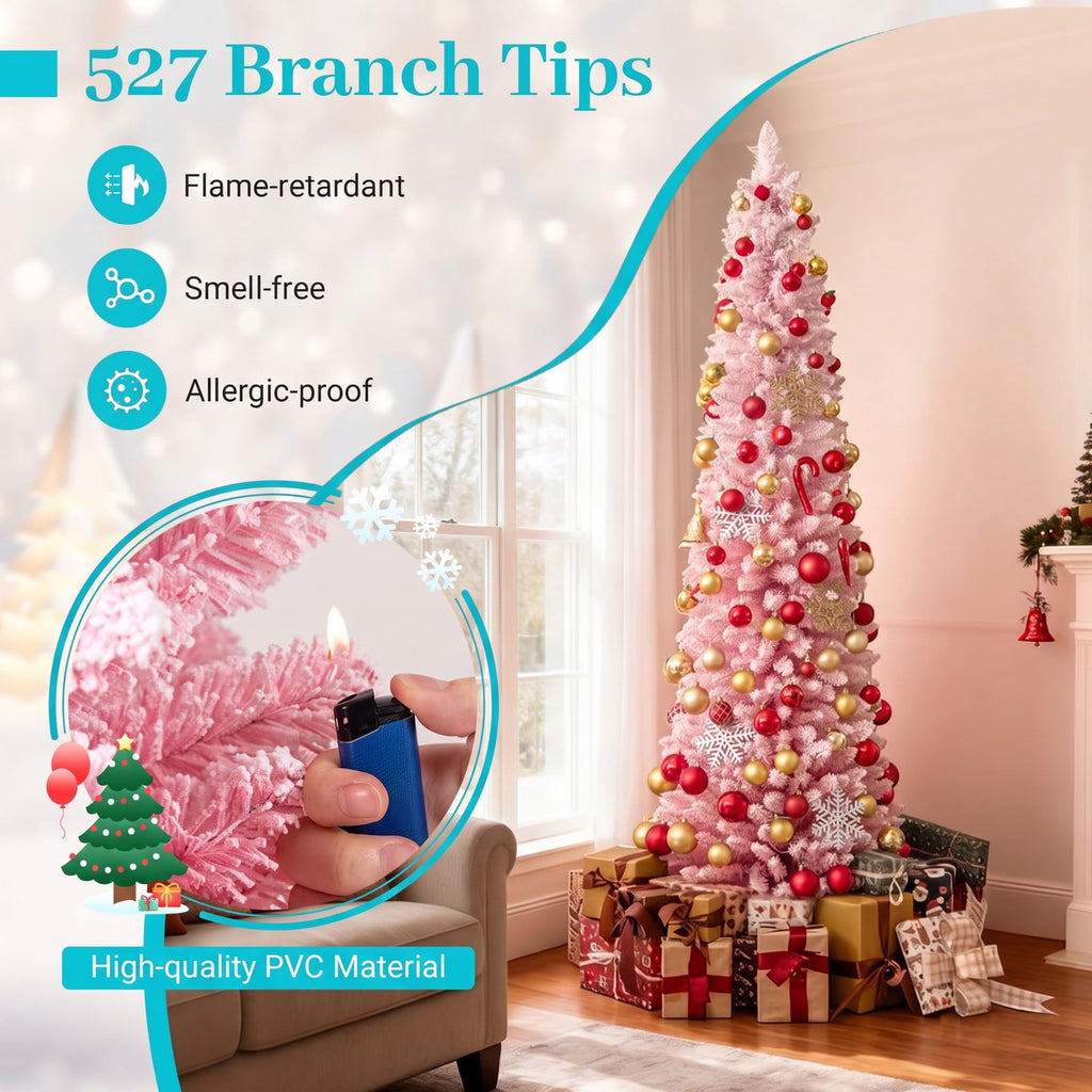 Airfind 7 FTSnow-flocked Artificial Pink Christmas Tree Pre, PVC Metal Tree Height 6 ft / 7 ft Tree Width 1.6 ft / 2 ft Frame, Pink