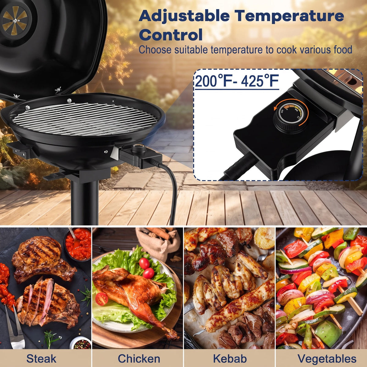 Airfind 1600W Portable Electric BBQ Grill featuring Removable Non-stick Rack, Metal Stainless Steel Frame, 20.5 Inch x 17.5 Inch x 32.5 Inch Footprint, Black