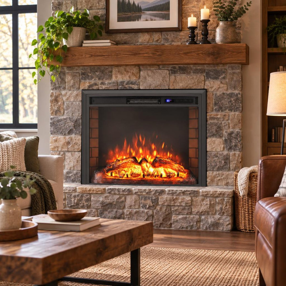 Airfind Curved Recessed Electric Fireplace Insert with Remote Control and Overheat Protection-26 Inch, Metal Tempered Glass Frame, Black