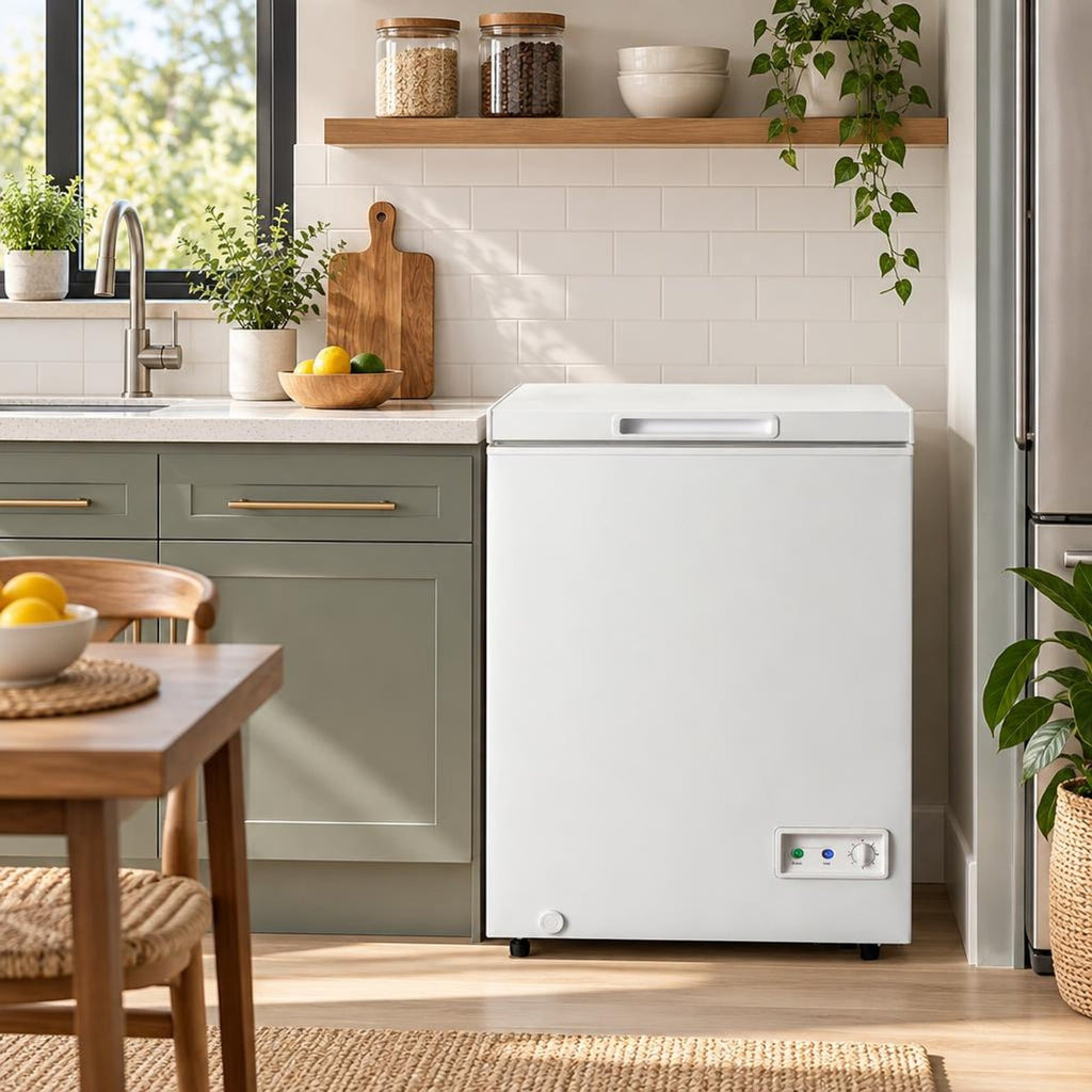 Airfind 3.5/5 Cu.ft Compact Chest Freezer with Removable Storage Basket-3.5 Cubic, Steel PVC aluminum liner Adjustable temperature Frame, White