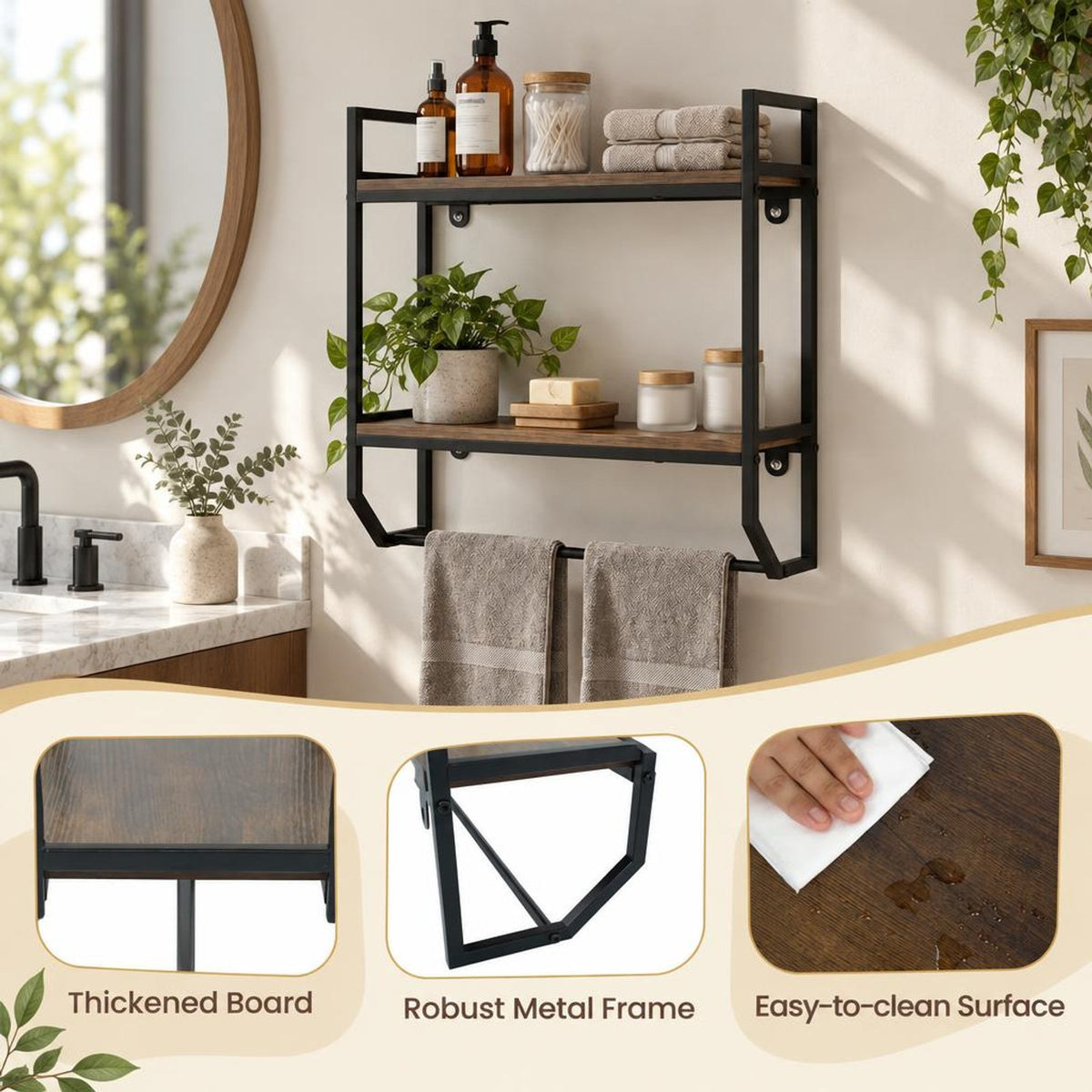 AIRFIND Bathroom Wall Shelf with Towel Bar, 2-Tier Over-Toilet Storage Rack with Metal Frame and 22 in Hanging Rail, 23 in Wide, Gray