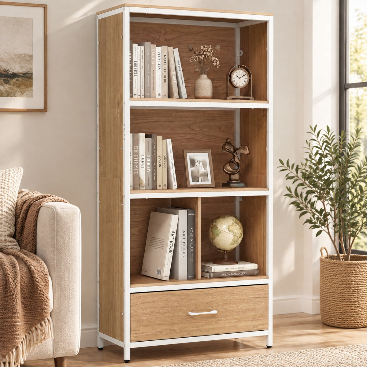 Airfind 56in Tall Freestanding Bookcase with Drawer 5 Tier, 44 lbs Capacity, Engineered Wood Metal Frame, 27in x 12in x 56in Footprint, Natural