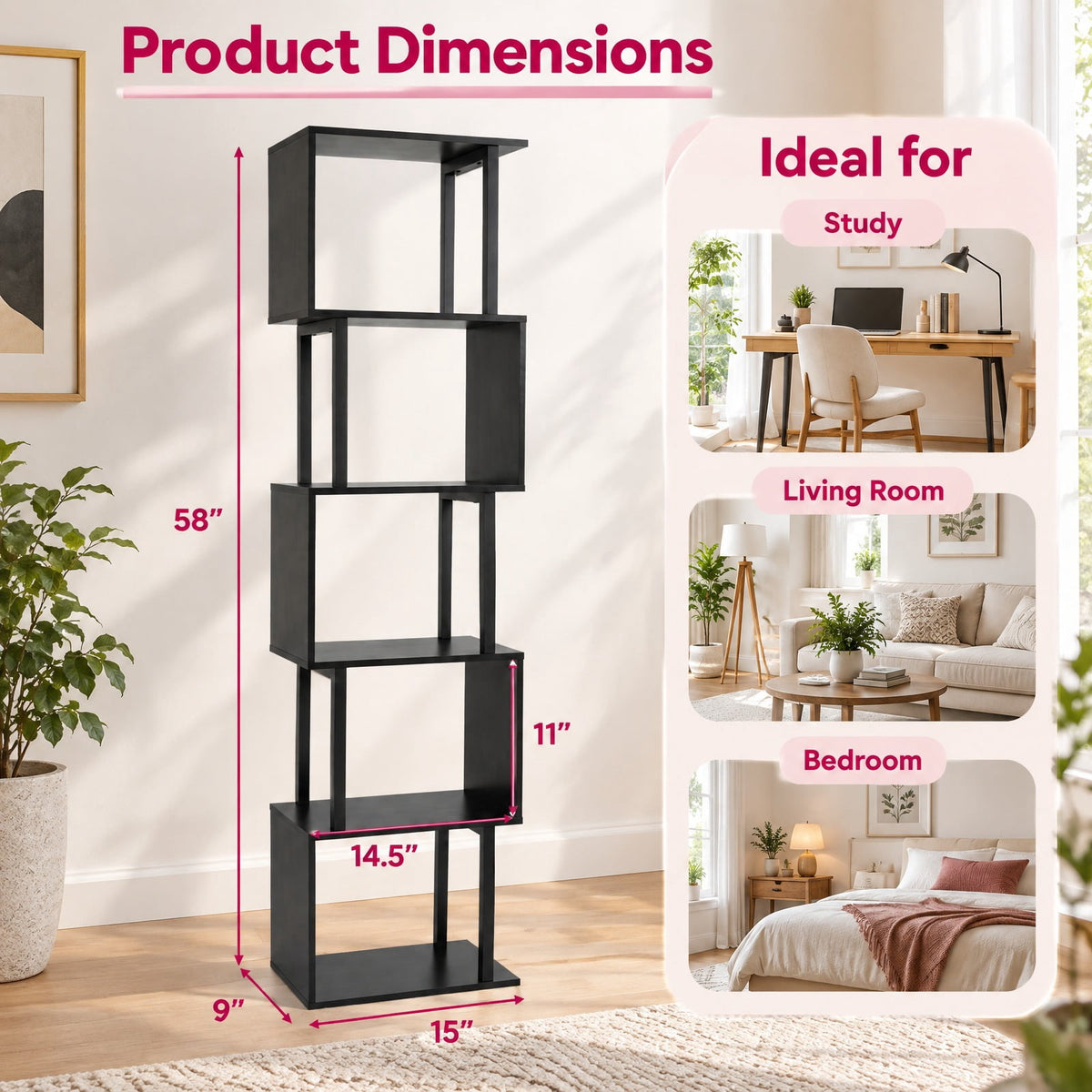 Airfind 5-Tier S-Shaped Bookshelf w/ Open Cubes Anti-toppling Kits for Living Room, 22 lbs Capacity, Engineered Wood Frame, Black