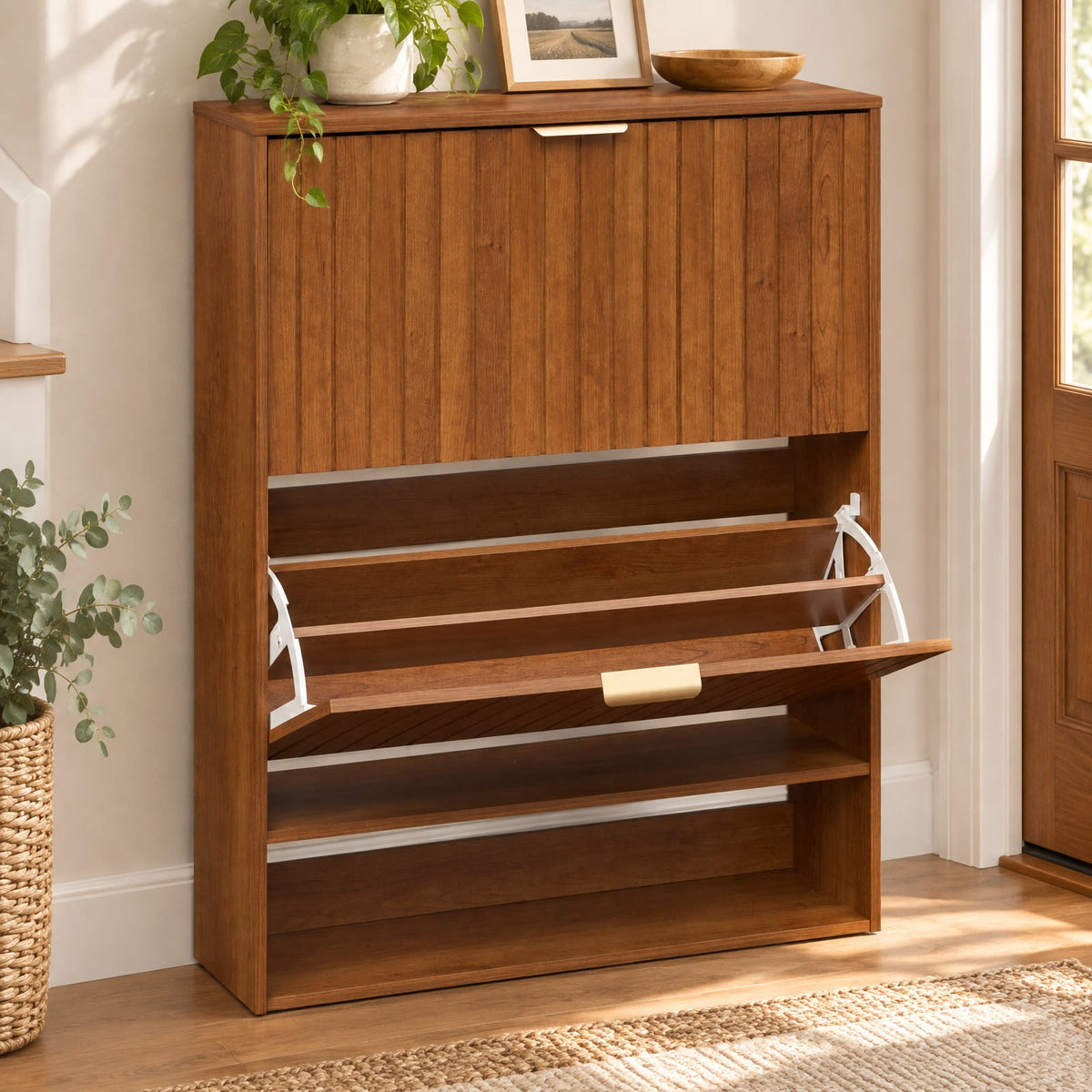 Airfind Fluted Hidden Shoe Cabinet with 2 Flip Drawers and Open Storage, 55 lbs Capacity, Engineered Wood Frame, 31.5in x 9.5in x 40in Footprint