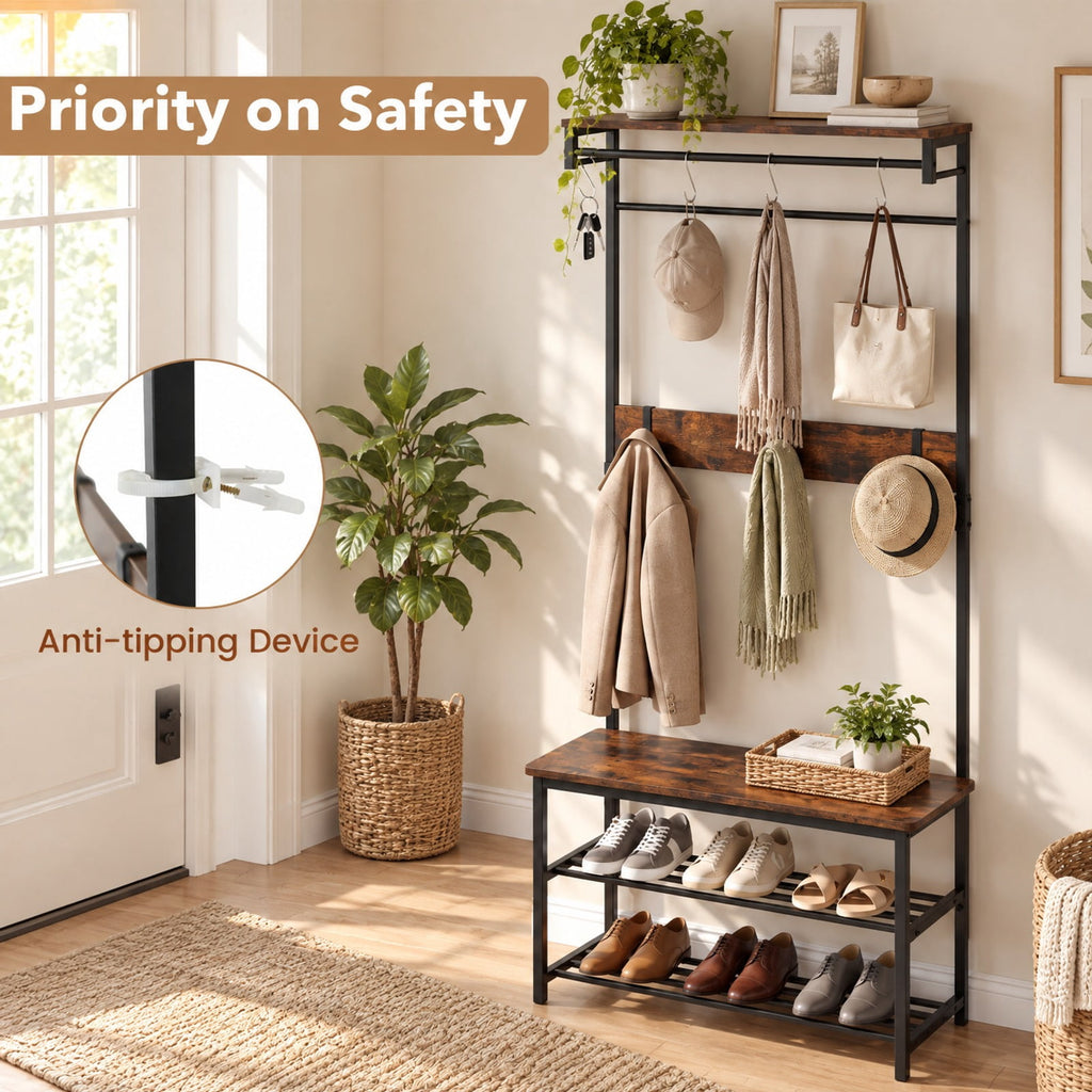 Airfind Coat Rack 4-In-1 Hall Tree with Shoe Bench and Removable Hooks, 220 lbs Capacity, Metal Engineered Wood Frame, Coffee