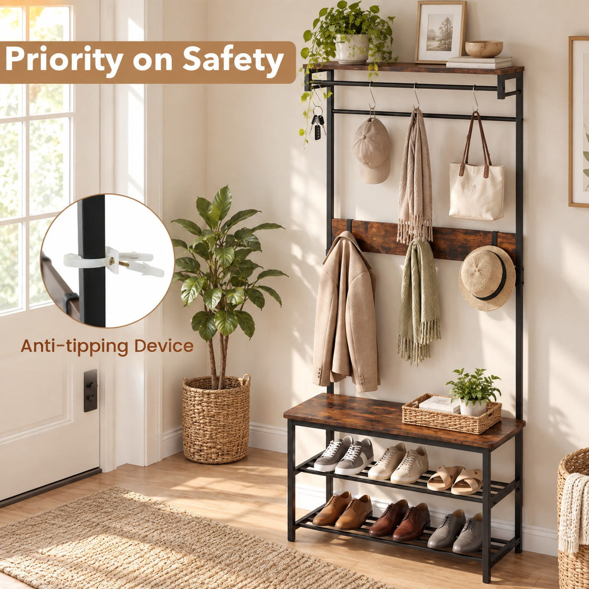 Airfind Coat Rack 4-In-1 Hall Tree with Shoe Bench and Removable Hooks, 220 lbs Capacity, Metal Engineered Wood Frame, Coffee