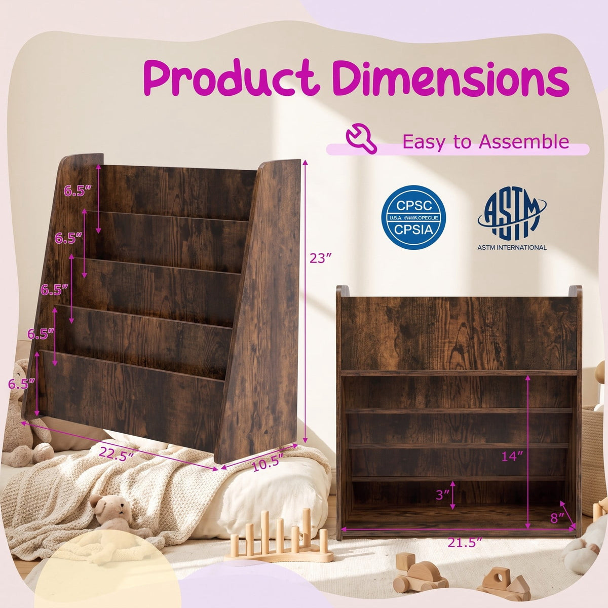 Airfind 4-Tier Kids Bookshelf with Deep Compartments for Bedroom, 22.5 x 10.5 x 23 inch Footprint, Brown