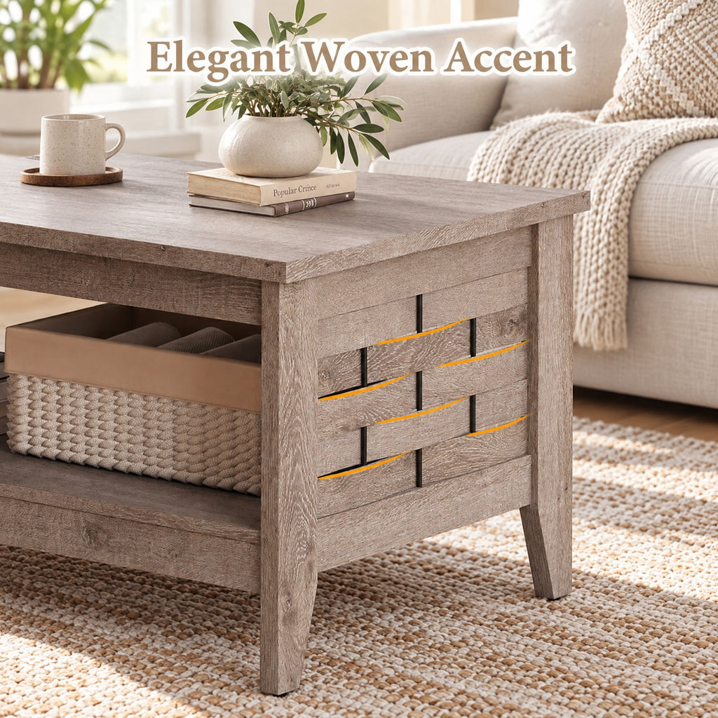 Airfind 2-Tier Farmhouse Coffee Table with Open Shelf and Woven Decorations for Living Room, 135 lbs Capacity, Engineered Wood MDF Frame, Coffee