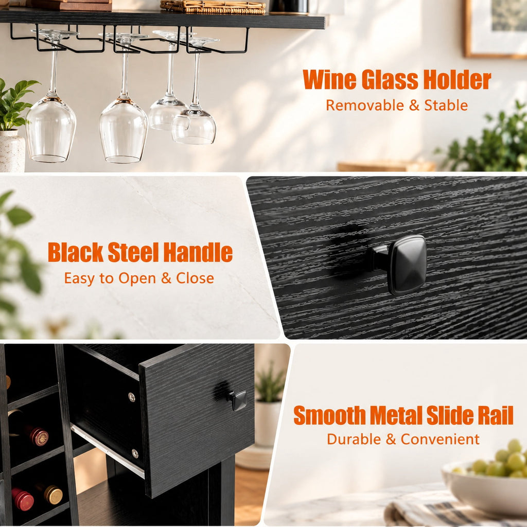 Airfind Kitchen Bakers Rack Freestanding Wine Rack Table with Glass Holder and Drawer, Engineered wood steel Frame, 31 x 16 x 64 Footprint, Black