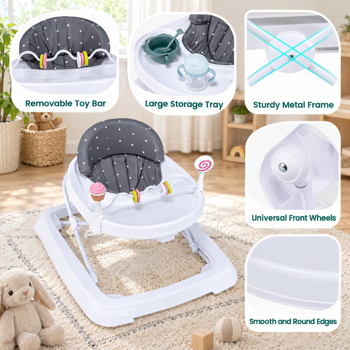 Airfind Foldable Baby Activity Walker with Adjustable Height and Detachable Seat Cushion, 30 lbs Capacity, PP Metal Frame, for 6-36 Months Old, Gray