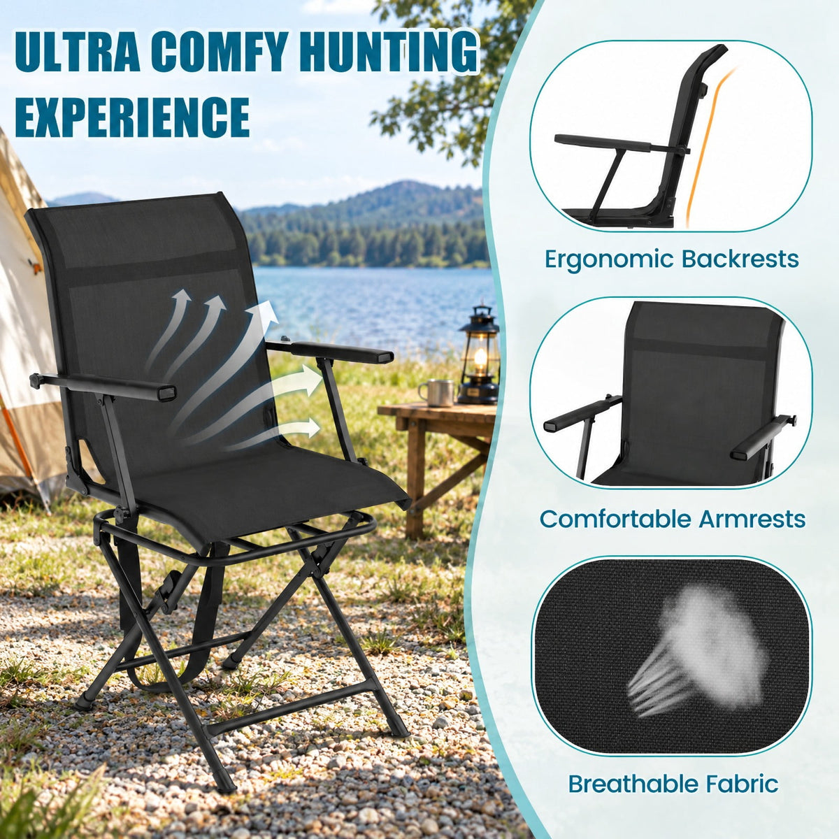 Airfind Foldable Swivel Hunting Chair with Mesh Back, Armrests and Wide Feet, 330 lbs Capacity for Ground Blind and Outdoor Use, Black