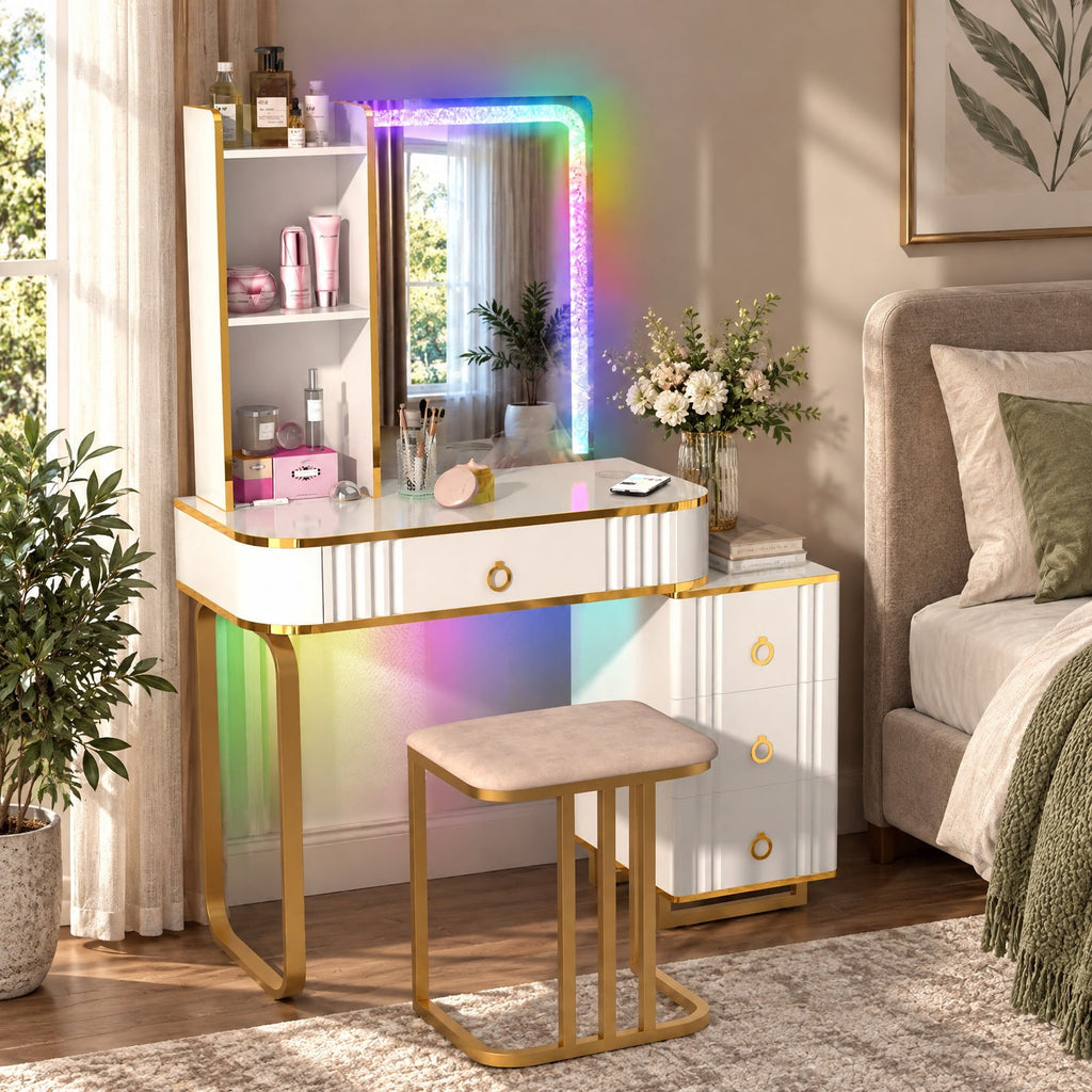 Airfind Vanity Table Set with RGB LED Lights and Wireless Charging Station, 200 lbs Capacity, P2 MDF Pine Wood Metal Frame, White