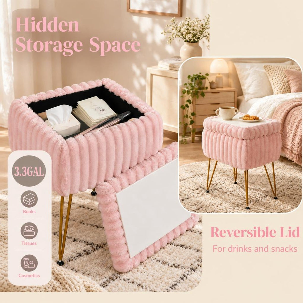 Airfind Vanity Stool with Storage and Reversible Lid Faux Fur Upholstered Ottoman, 16.5 x 13 x 22Lid Footprint, Pink