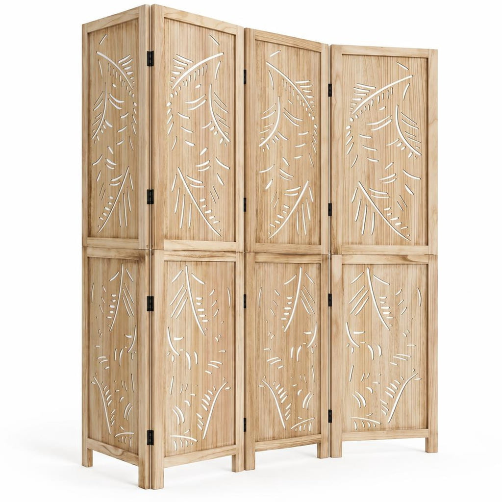 Airfind 4-Panel Wooden Room Divider with Palm Leaf Design and Paulownia Frame for Home, 67in x 16in x 3.5in Footprint, Natural