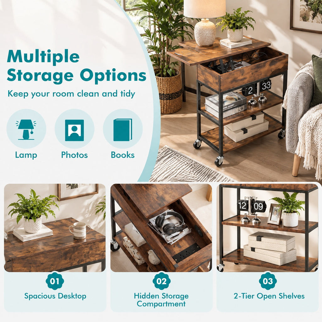 Airfind Lift Top End Table with Charging Station and Universal Wheels, 121 lbs Capacity, Engineered Wood Metal Frame, 24 x 9.5 x 25.5 Footprint
