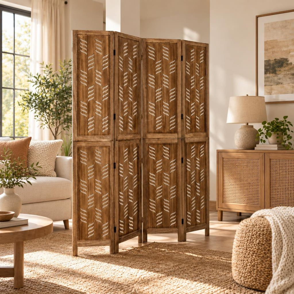 Airfind 5.5 FT Tall Room Divider 4 Panels with Wave Cutout Paulownia Frame for Room, Paulownia Wood Metal Frame, 62 x 67 Footprint, Brown