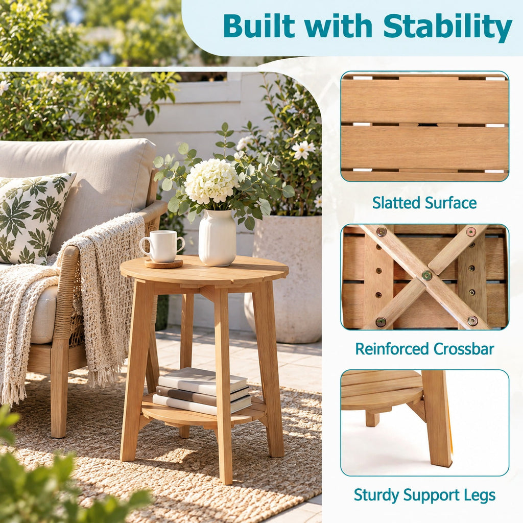 Airfind Set of 2 Eucalyptus Wood Side Table 2-Tier with Slatted Tabletop and Storage Shelf for Outdoor, 165 lbs Capacity, Eucalyptus Wood Frame