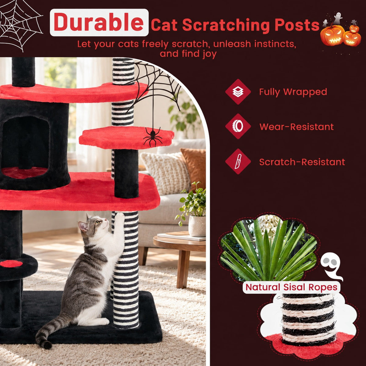 Airfind Gothic Cat Tree with Cat Bed Cat Condo and Sisal Scratching Post, 22 Lbs Capacity, Engineering Board Plush Fabric Sisal, Black