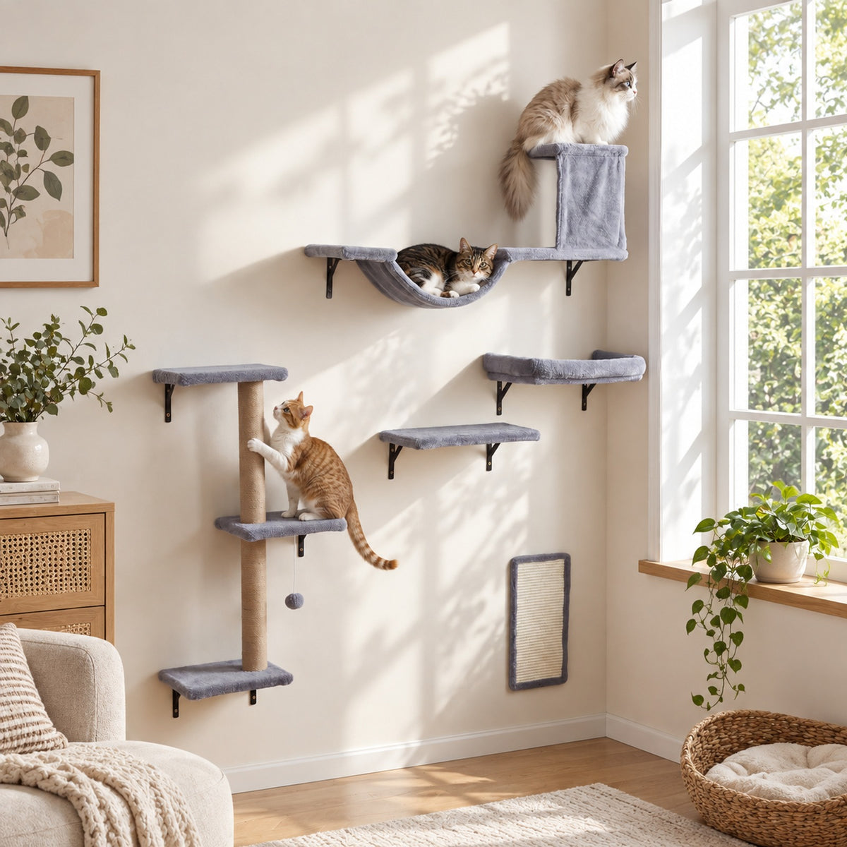 Airfind 5-in-1 Cat Wall Shelves with Condo Bridge Perch Platform Scratching Post and Board for Indoor, 22 lbs Capacity, Gray
