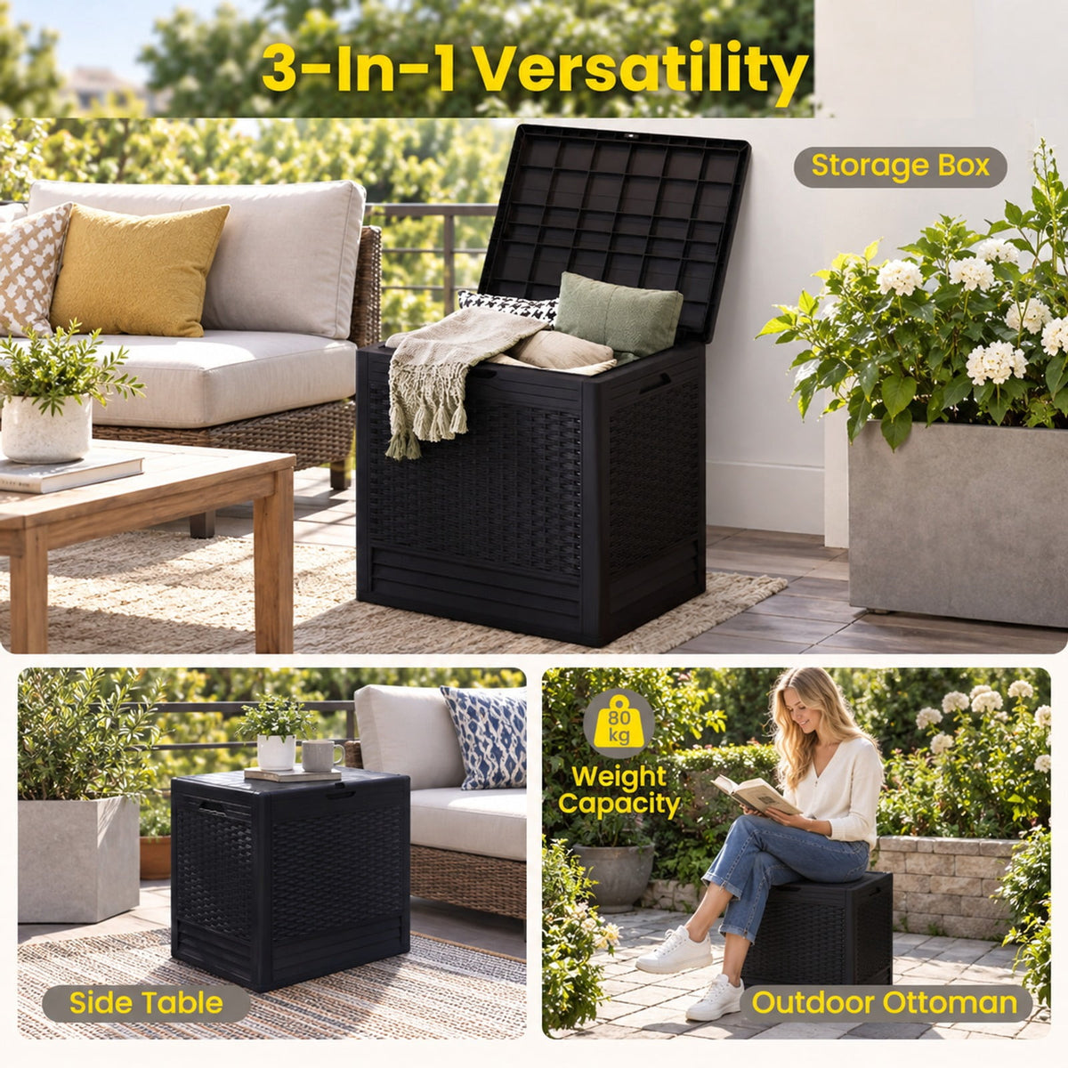 Airfind 25 Gallon Outdoor Storage Box with Rattan Patterns, 180 lbs Capacity, PP Frame, 23 x 17 x 21 Footprint, Brown
