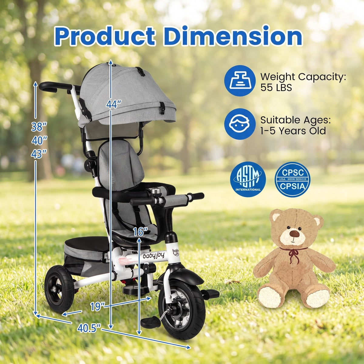 Airfind Folding Tricycle Baby Stroller with Reversible Seat and Adjustable Canopy, 55 lbs Capacity, Metal PP Linen Fabric Rubber Frame, Gray