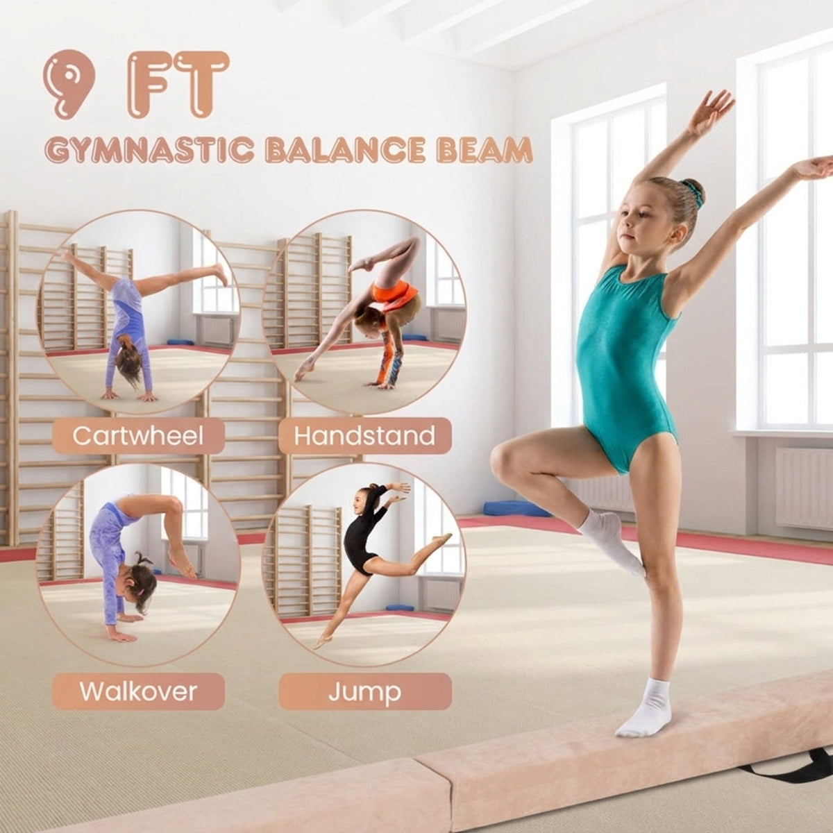 Airfind 9 ft Folding Gymnastics Balance Beam with Suede Cover, Pine Wood Core and Non-Slip Mat, Brown