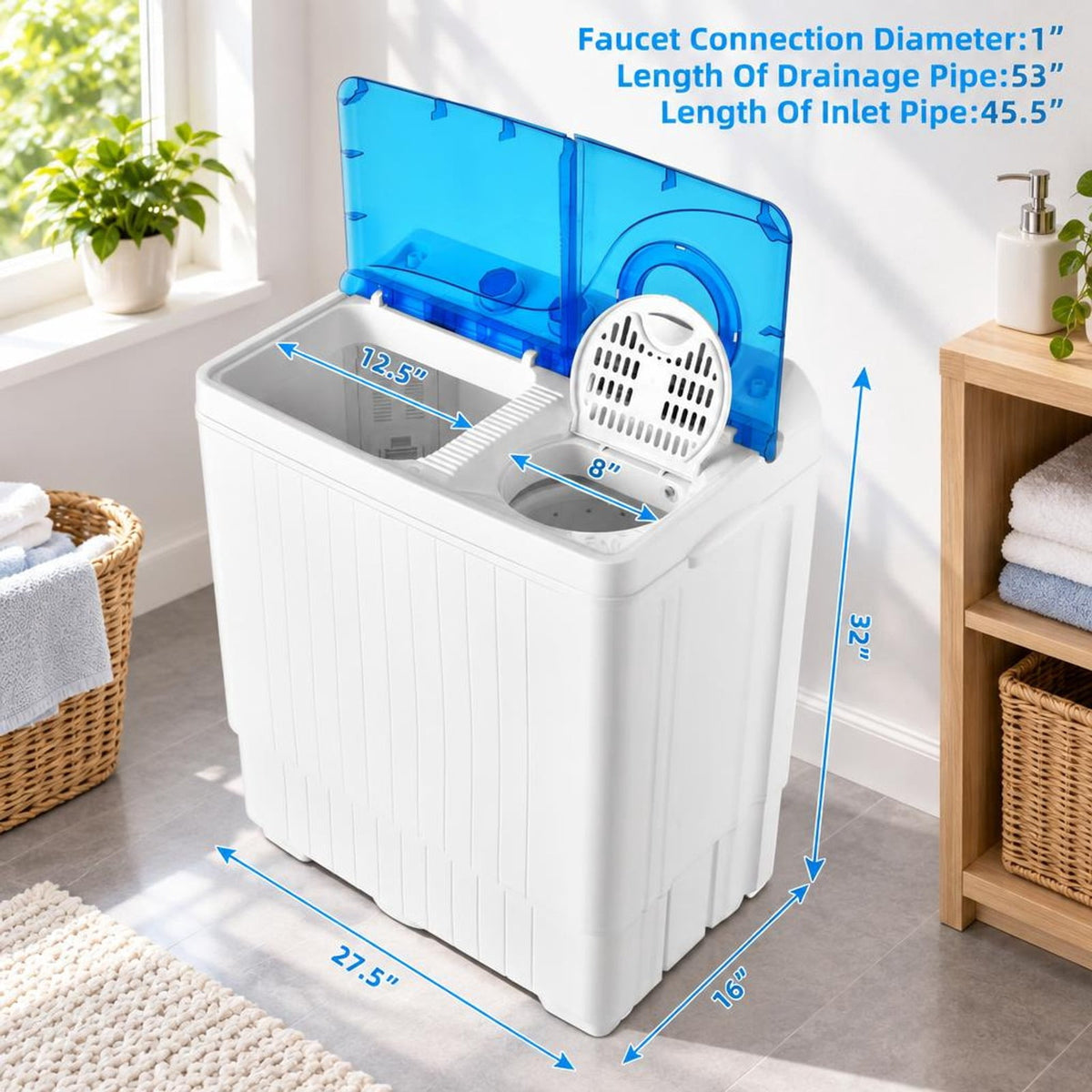 Airfind 26lbs Portable Semi-Automatic Twin Tub Washing Machine with Drain Pump, PP ABS Rated Frame, 27.5 x 16 x 32 Footprint, Blue