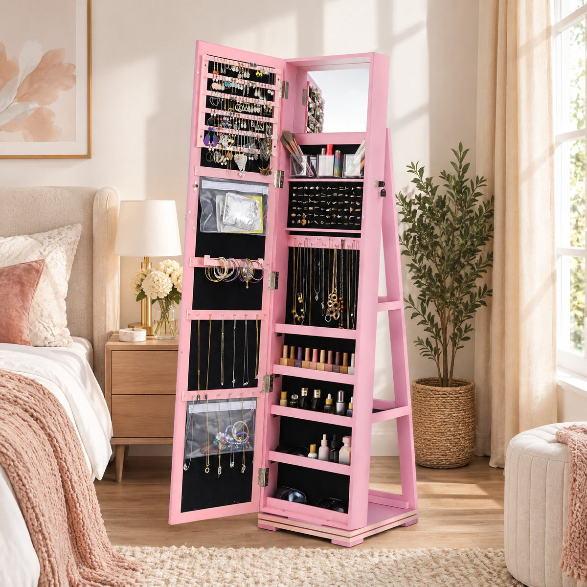 Airfind 360° Rotatable 2-in-1 Lockable Jewelry Cabinet with Full-Length Mirror, P2 MDF, 15 Inch x 15 Inch x 63.5 Inch (L x W x H) External, Pink