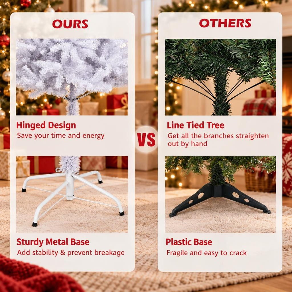 Airfind 6 / 7.5 / 9 Hinged Artificial Christmas Tree with Metal Stand-7.5 ft, PVC iron Frame, φ 3.8 ft x 6 ft Footprint, White