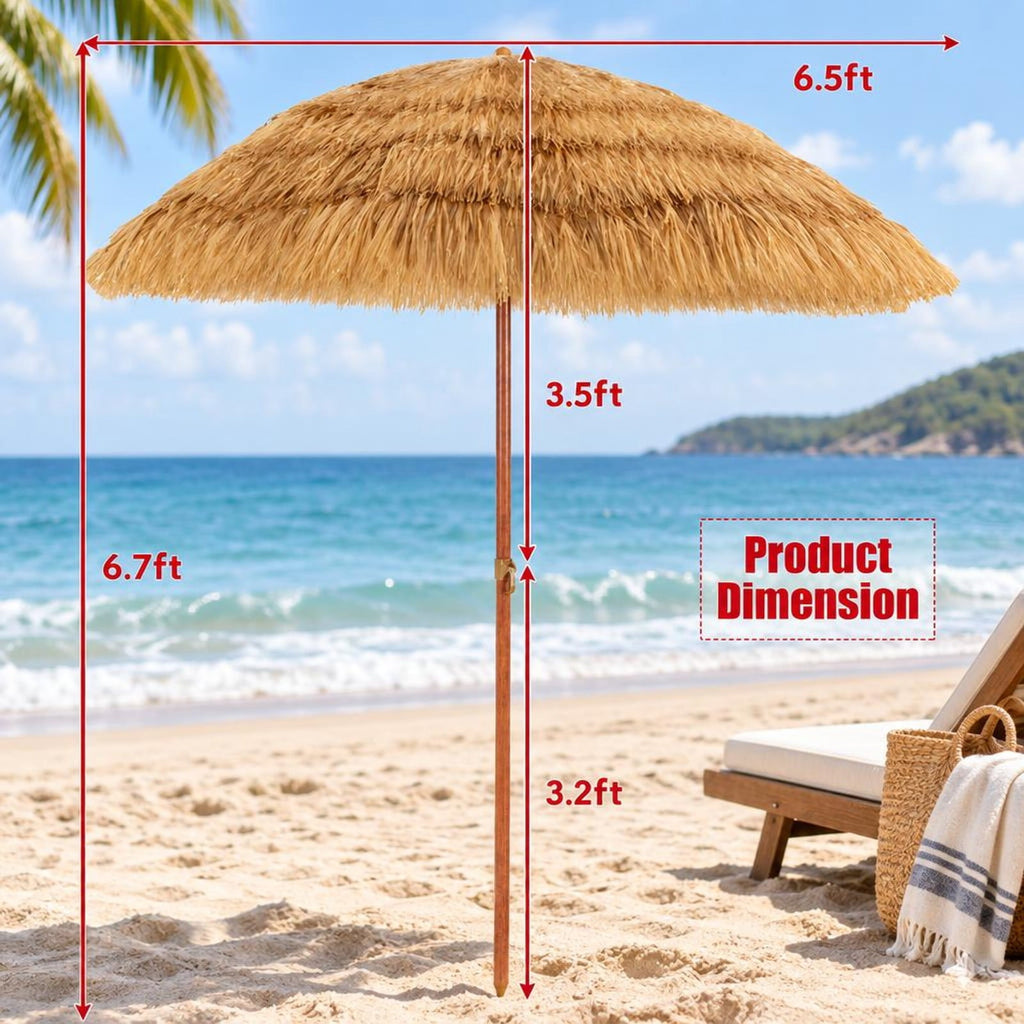 Airfind 6.5 Feet Portable Thatched Tiki Beach Umbrella with Adjustable Tilt for Backyard, PP Frame, Khaki