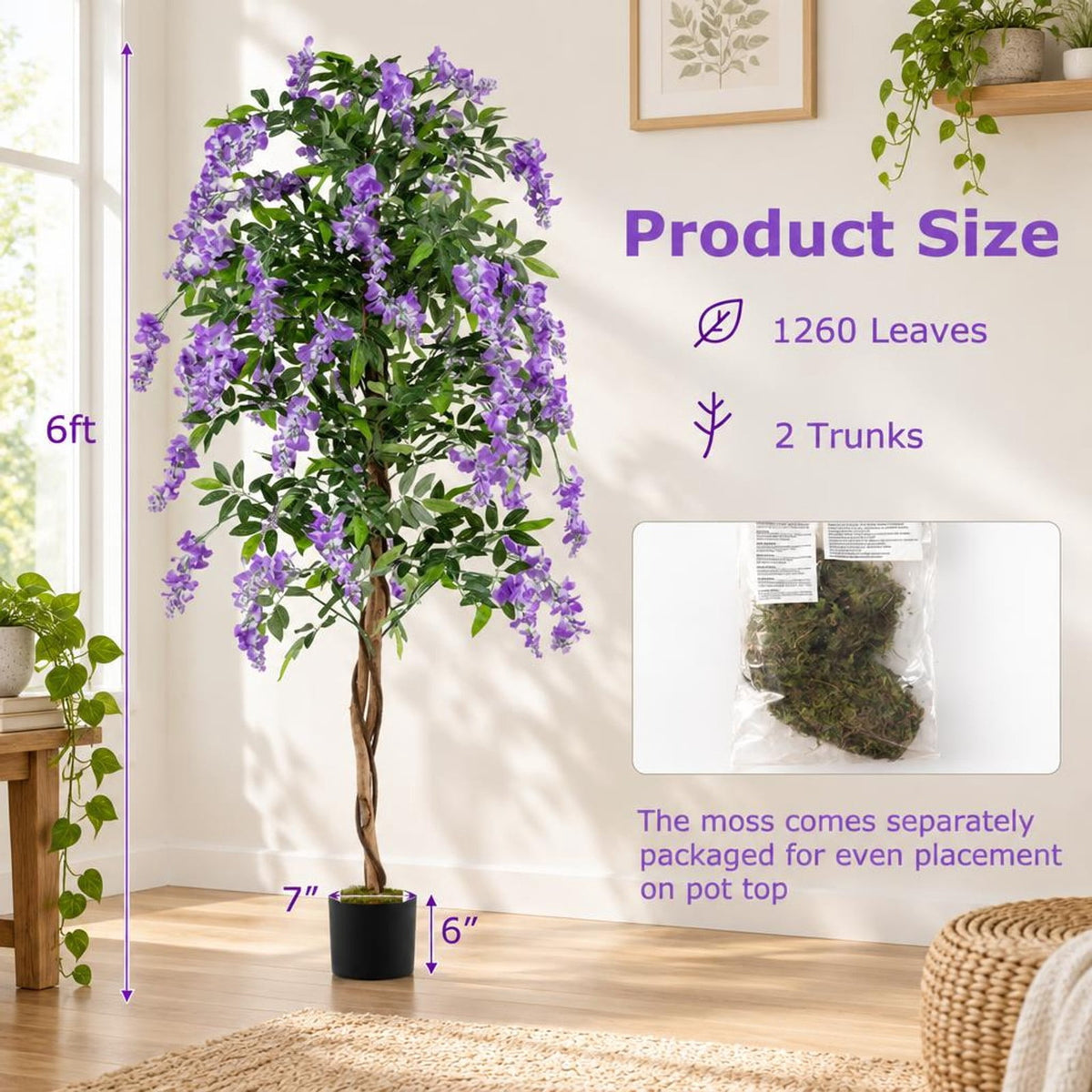 Airfind Fake Ficus Plant 6 FT Artificial Wisteria Tree with Natural Trunks and Purple Lifelike Flowers, Purple