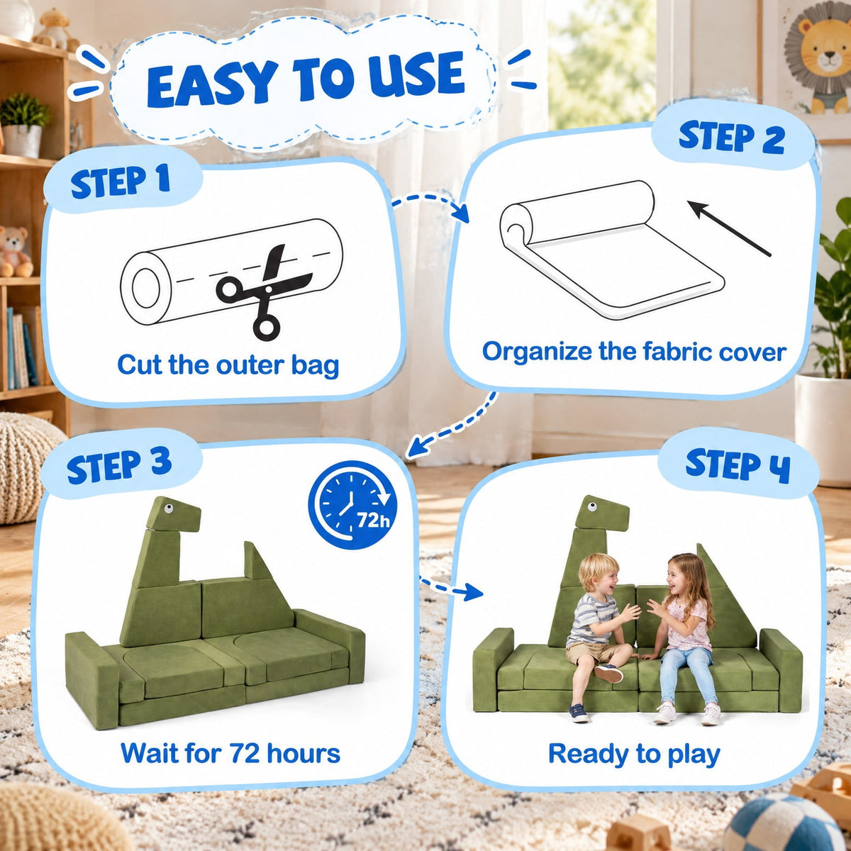 Airfind 13 Pieces Modular Youth Play Couch for Inspiring Creativity, Velvet Fabric, for 3 and Years Old, 56 Inch X 23.5 Inch X 38.5 Inch, Dinosaur, Unspecified