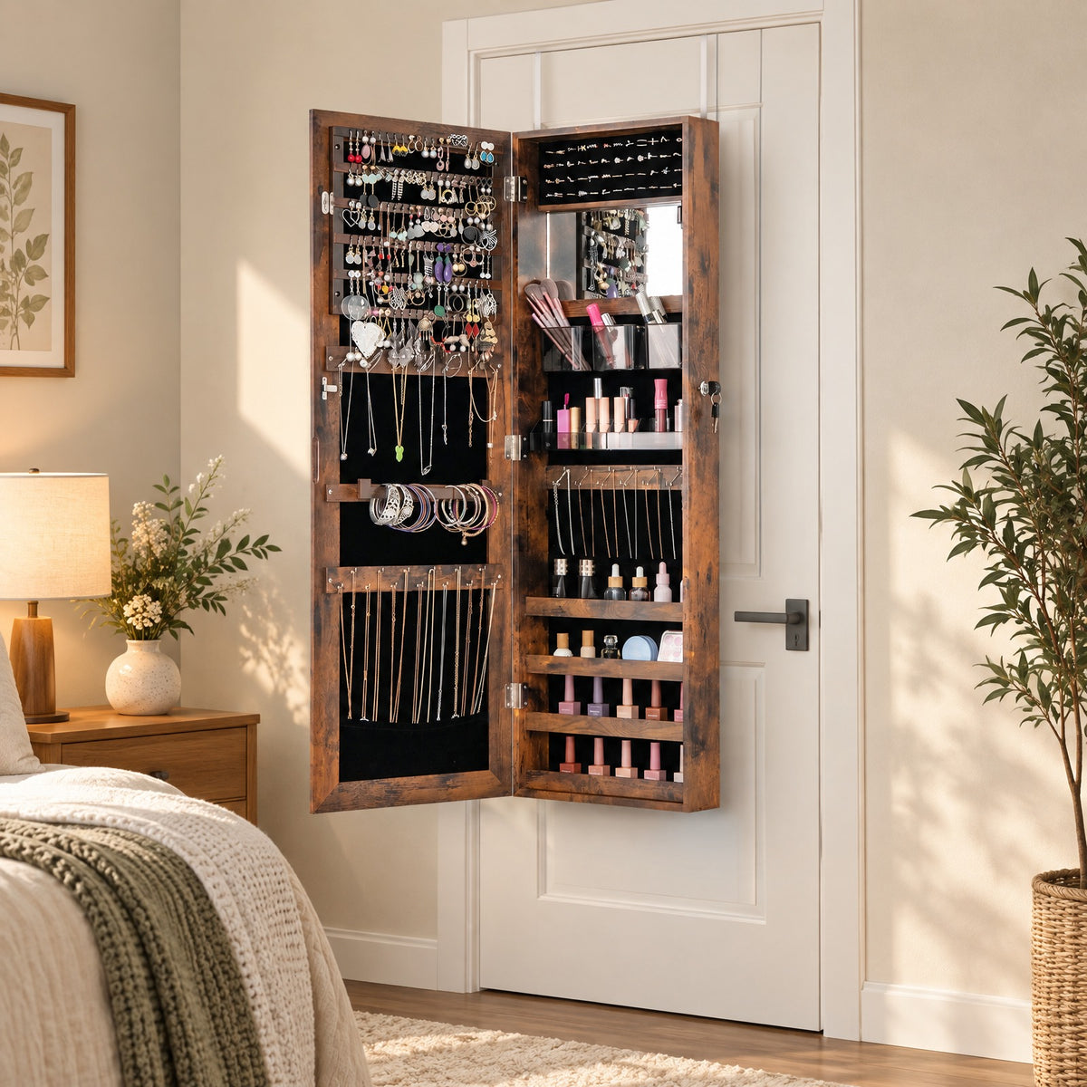 Airfind 43.5 Inch Jewelry Mirror Cabinet with Full-length Mirror and Adjustable Hangers, MDF Frame, Brown