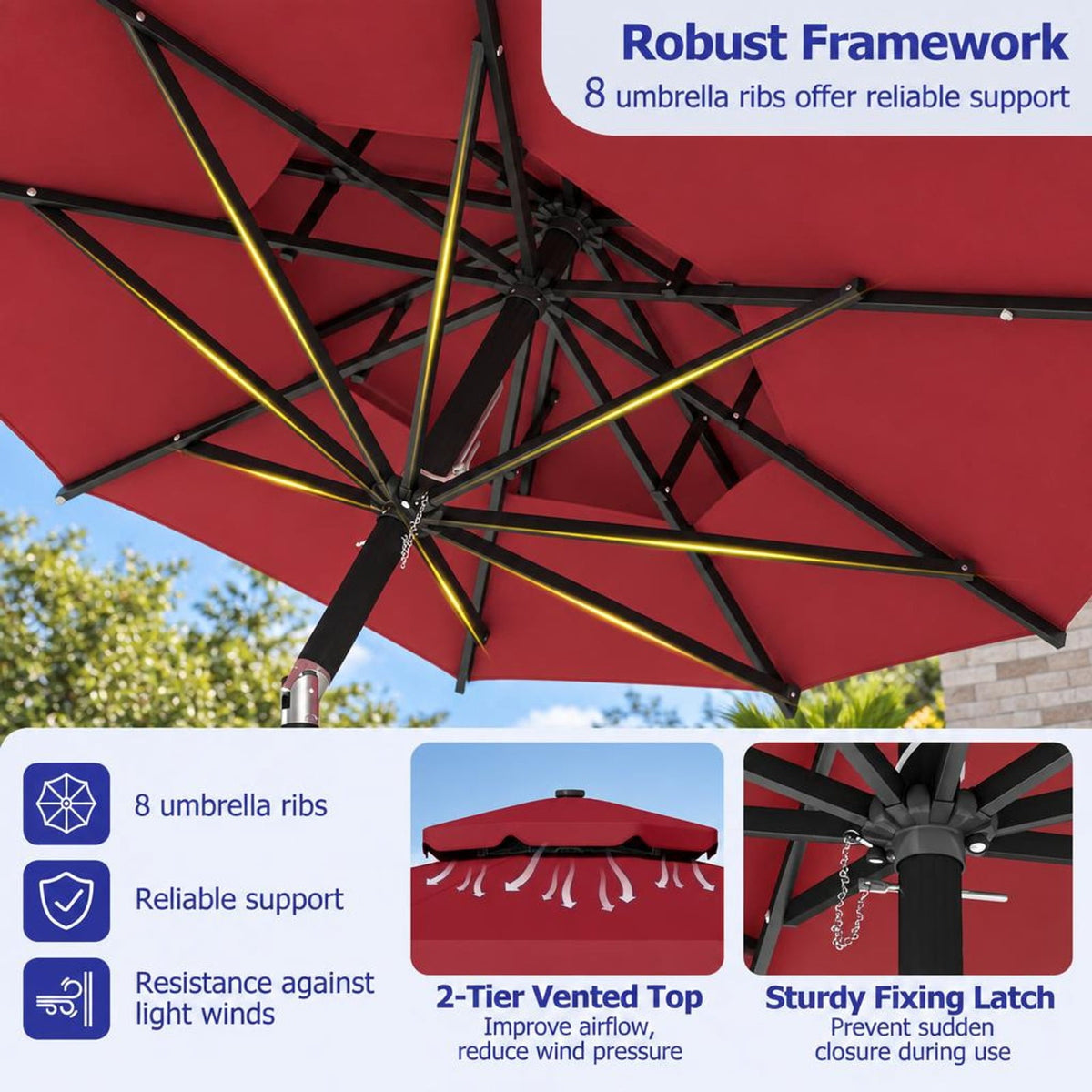 Airfind 9 FT Solar LED Patio Umbrella Push-Button Tilt and Crank 24 LED Lights and 8 Ribs, Polyester Fabric Metal Frame, 9 x 8.2 ft Footprint, Red