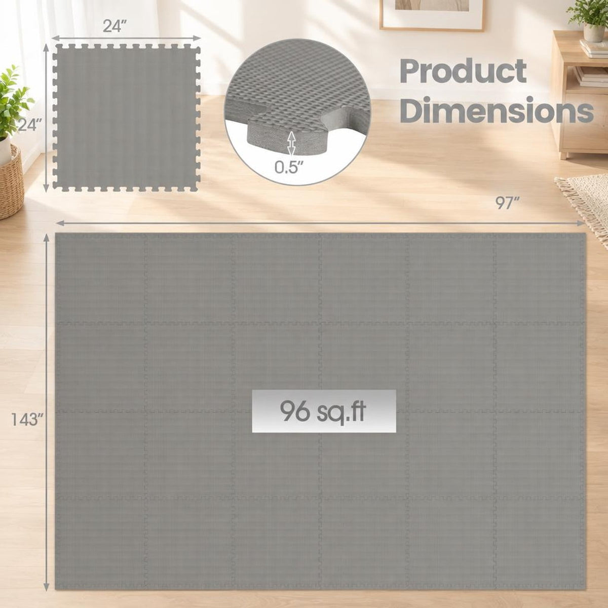 Airfind 24 Pack Non-Slip Protective Interlocking EVA Foam Floor Tiles, EVA Foam Frame, 143 x 97 x 0.5 Footprint, Grey