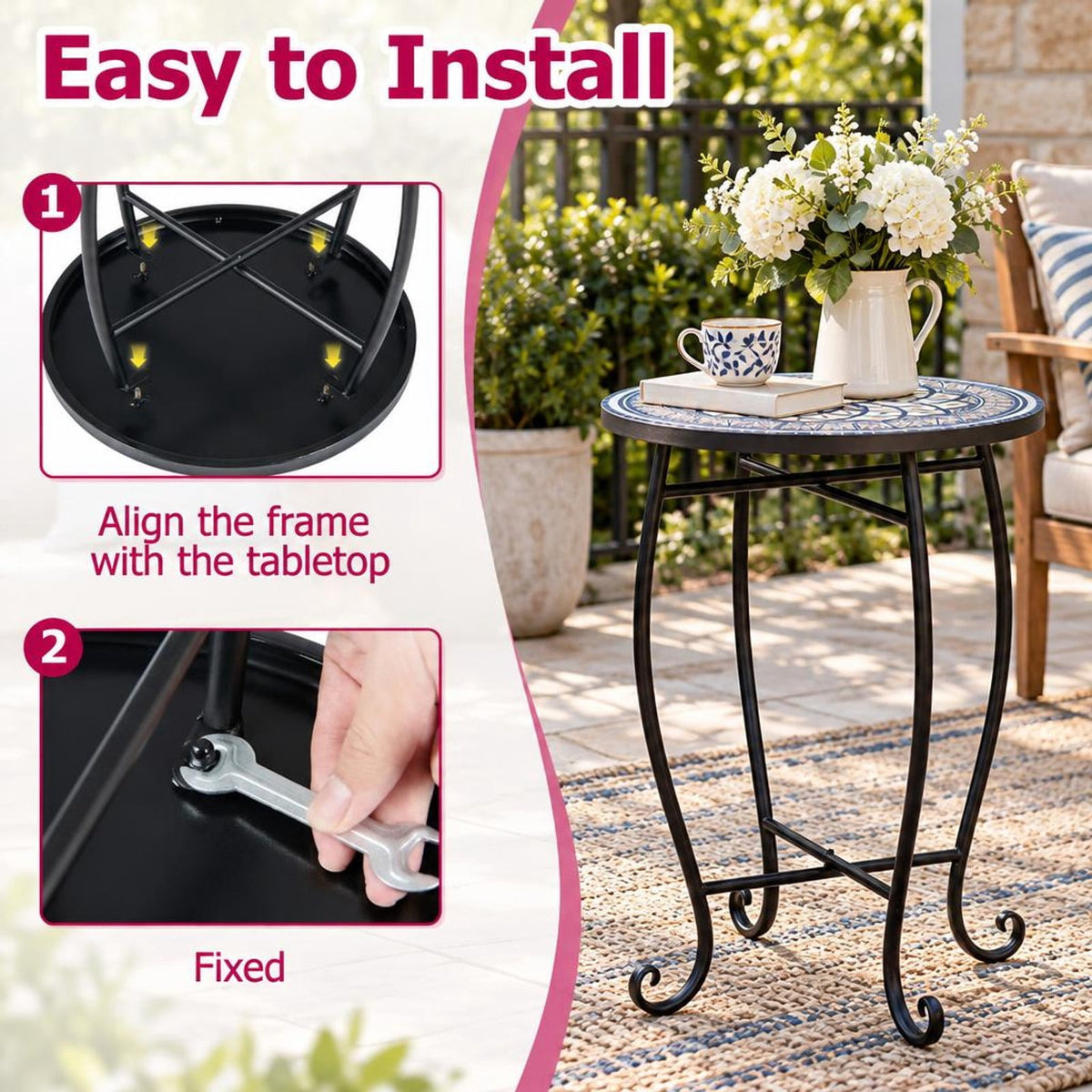 Airfind 14 Inch Floral Clover/Blooming Lotus/Bright Sunflower Mosaic Patio Accent Coffee End Table, 35 lbs Capacity, Metal Frame, 14 Inch x 20 Inch Footprint