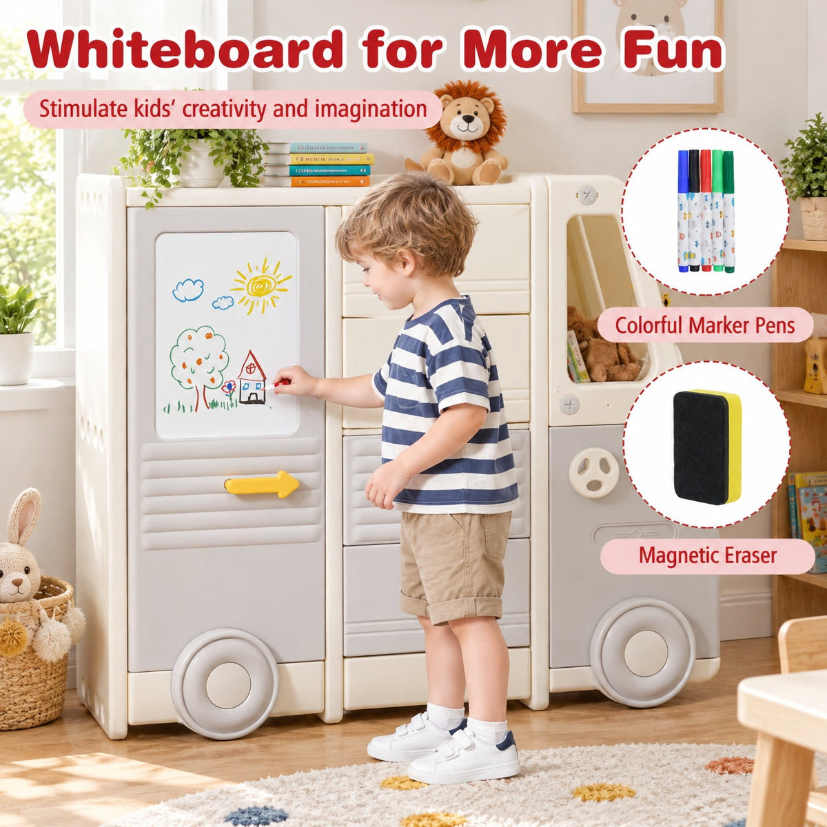 Airfind Kids Toy Storage Organizer Bus-shaped Children Cabinet with 4 Pull-out Drawers with Handles, 180 lbs Capacity, HDPE PP Frame, Grey
