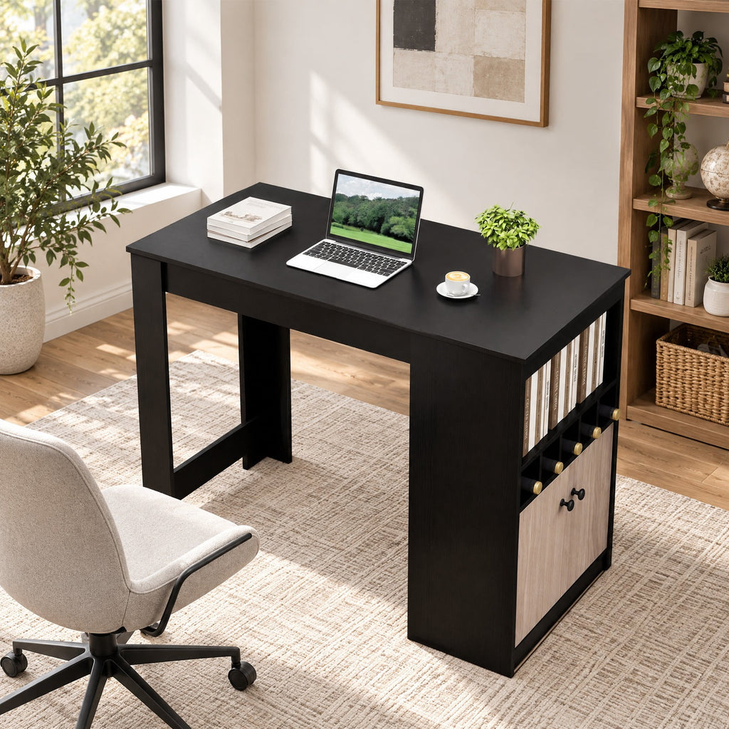 Airfind 48 Inch Bar Table with Storage Cabinet and Wine Rack, 210 lbs Capacity, Engineered Wood MDF Frame, 48 x 24 x 36 Footprint, Black