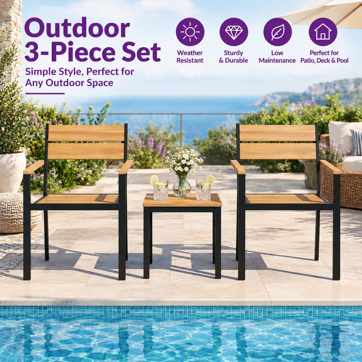 Airfind 2 piece Outside Patio Dining Chair with Acacia Armrest for Backyard Garden, 400 lbs Capacity, Acacia Metal Frame, Brown Black