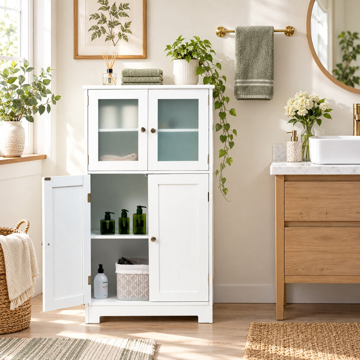 Airfind Bathroom Floor Storage Locker Kitchen Cabinet with Doors and Adjustable Shelf, MDF Frame, 23 x 12 x 43 inch Footprint, White