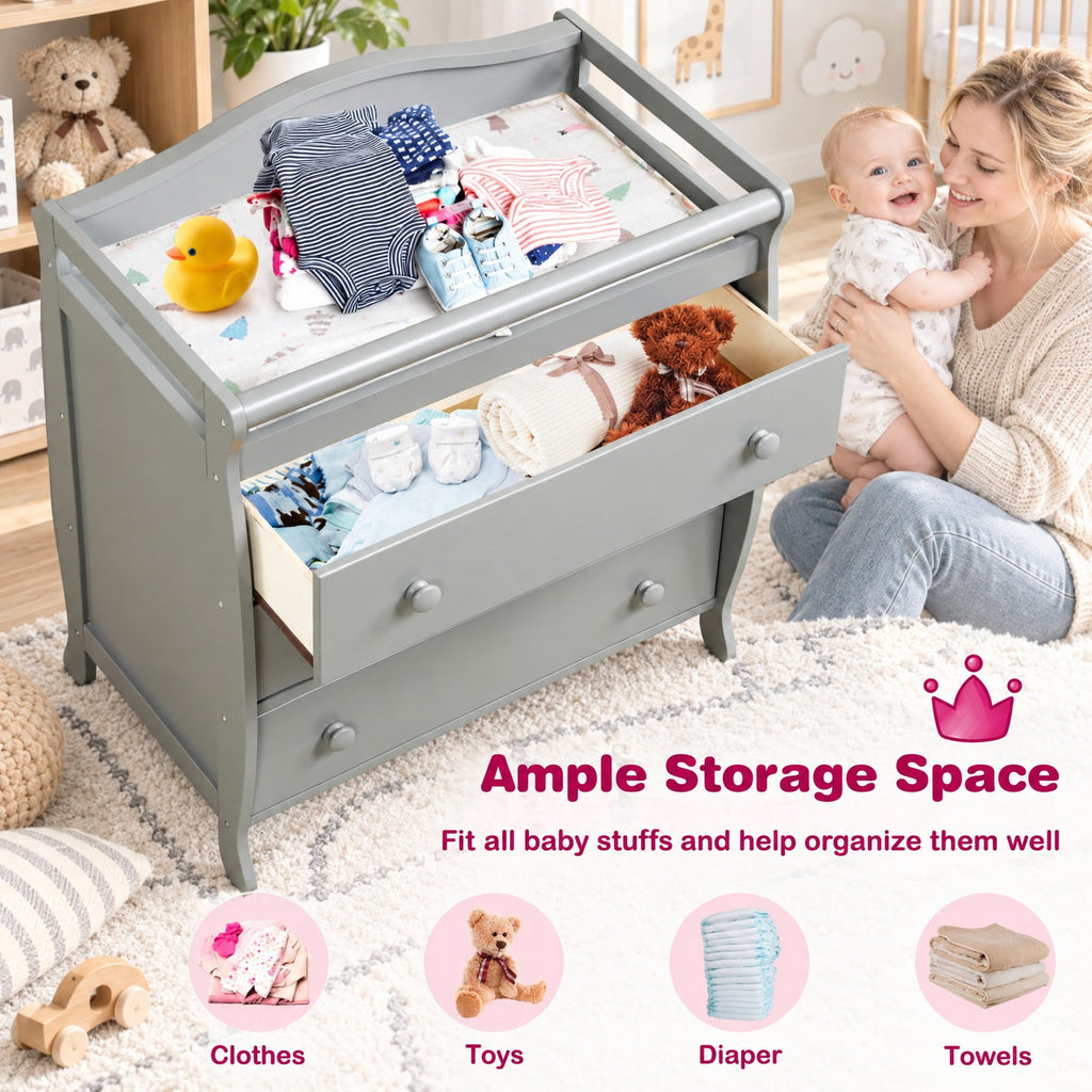 AIRFIND Baby Changing Table with Three Storage Drawers, Raised Changing Top and Restraint Belt, Wood and MDF Nursery Dresser, Gray