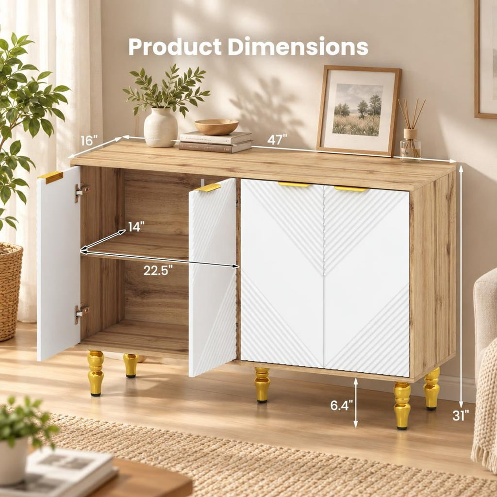 Airfind 47 Sideboard Buffet Cabinet with 4 Chevron Fluted Doors Anti-Toppling Devices for Kitchen, Natural