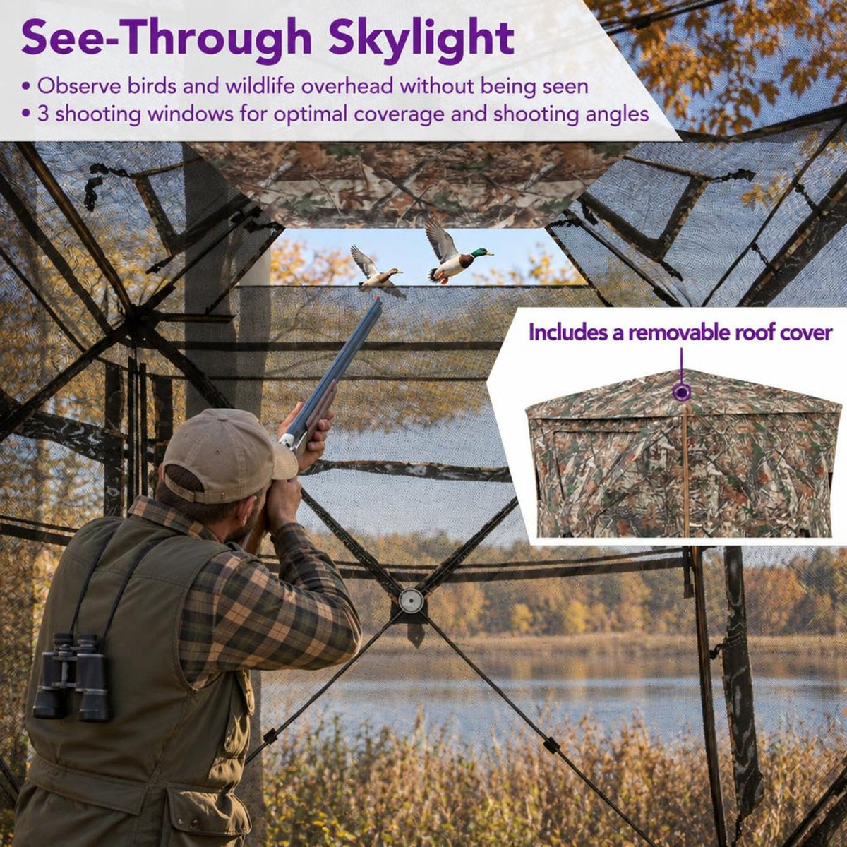 Airfind 5-IN-1 Detachable Hunting Blind for 2-3 People with Skylight, 150D Oxford Fabric PU Coating Fiberglass Pole Frame, Camouflage